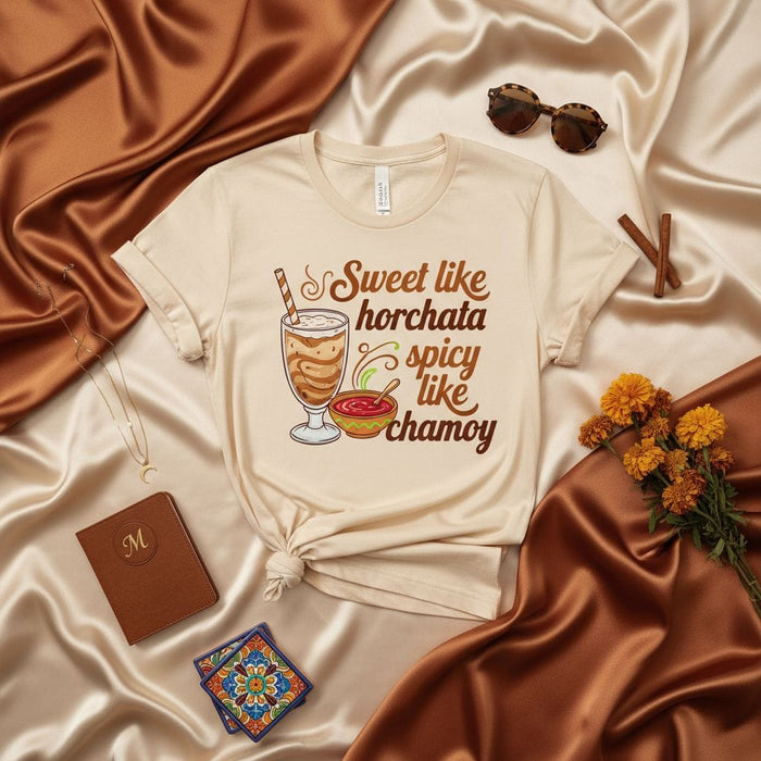 Sweet Like Horchata Spicy Like Chamoy T-Shirt, Mexican Drink and Candy Lover Tee, Funny Foodie Shirt, Cute Latinx Culture Gift for Her or Him, Unisex Graphic Apparel. Mexicada