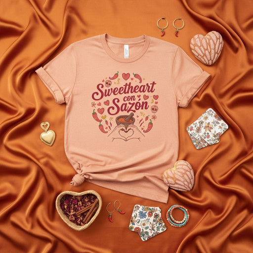 Sweetheart con Sazón T-Shirt, Spicy Valentine's Day Shirt, Funny Cooking Foodie Gift, Heart Hands Mortar and Pestle, Chili Pepper Graphic Tee, Unisex Fit Mexicada