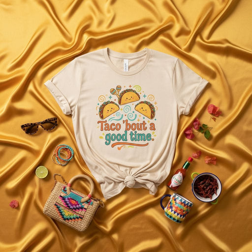 Taco 'bout a good time. Cute Taco Shirt, Funny Food Pun Tee, Cinco de Mayo Outfit, Fiesta Celebration Apparel, Kawaii Tacos Graphic T-Shirt, Unisex Slogan T-shirt for Taco Lovers and Mexican Food Fans Mexicada