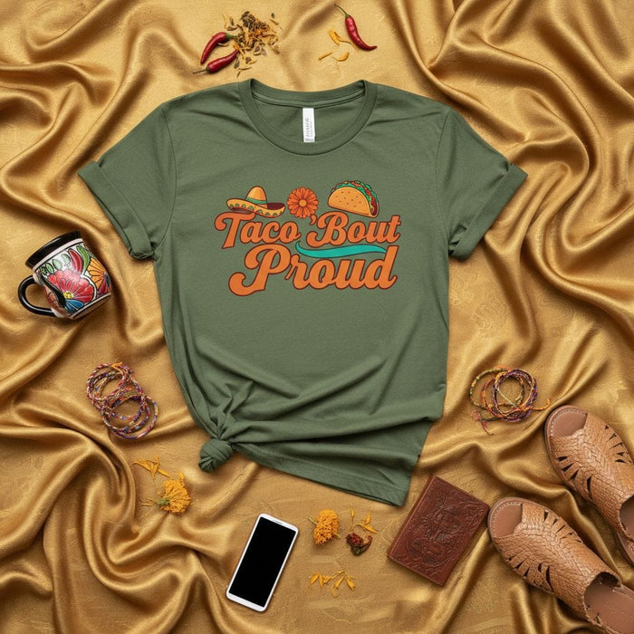 Taco Bout Proud Shirt, Funny Fiesta Cinco de Mayo T-Shirt, Sombrero Taco Flower Graphic Tee, Retro Groovy Mexican Food Lover Unisex Gift Idea Mexicada