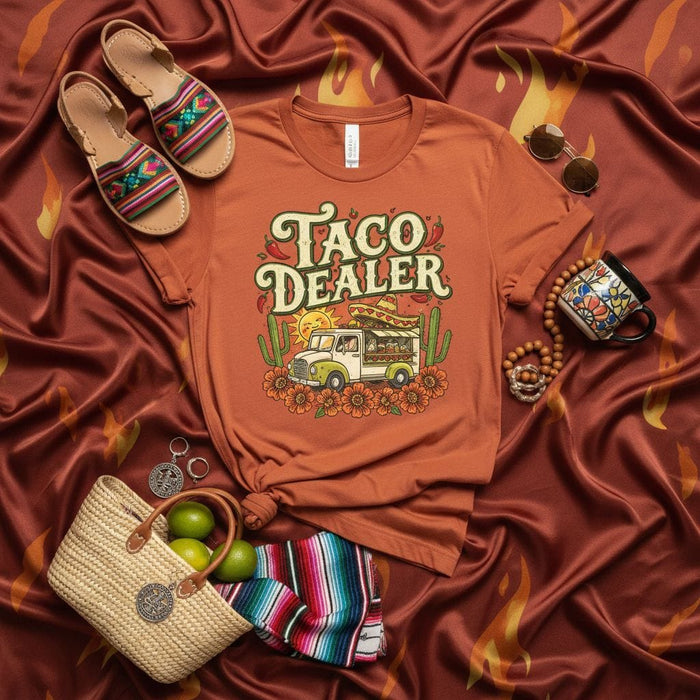 Taco Dealer Shirt, Vintage Food Truck Graphic Tee, Retro Desert Sun and Flowers Unisex T-Shirt, Mexican Fiesta Festival Outfit, Funny Taco Lover Gift Mexicada