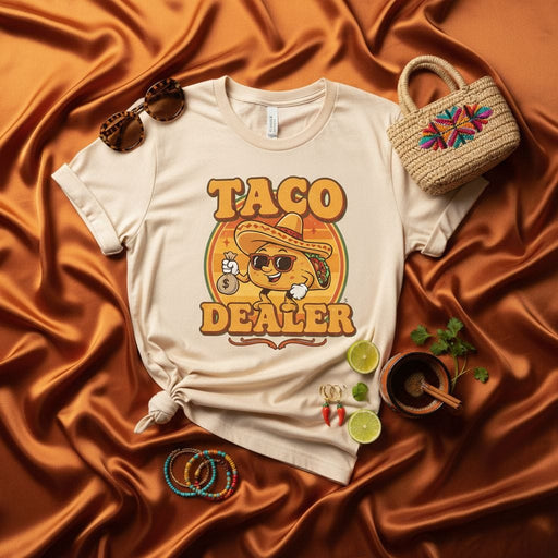 Taco Dealer T-Shirt Funny Retro Cartoon Graphic Tee for Men and Women, Cinco de Mayo Party Shirt, Mexican Food Lover Gift, Unisex Aesthetic T-Shirt Mexicada