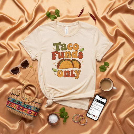 Taco Funds Only Groovy Retro Funny T-Shirt for Taco Lovers, Vintage Style Graphic Tee, Unisex Foodie Shirt, Gift for Mexican Food Fan, Cinco de Mayo Apparel, Short Sleeve Casual Top, Desert Vibes Festival Shirt Mexicada