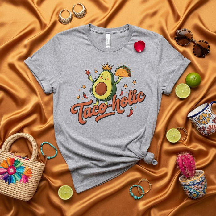 Taco-holic T-Shirt, Cute Avocado King Holding a Taco and Star, Funny Mexican Food Graphic Tee, Unisex Grey Short Sleeve Shirt, Cinco de Mayo Outfit Mexicada