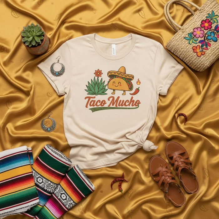 Taco Mucho Shirt, Funny Retro Happy Taco with Sombrero and Agave Plant Graphic Tee, Unisex Food Lover Fiesta T-Shirt, Cinco de Mayo Apparel Mexicada