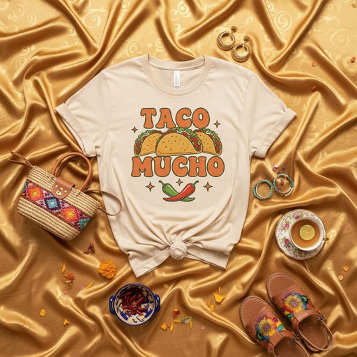 Taco Mucho Shirt, Retro 70s Groovy Tacos Chili Pepper T-Shirt, Funny Cinco de Mayo Fiesta Foodie Unisex Graphic Tee, Aesthetic Mexican Food Lover Gift Idea Mexicada