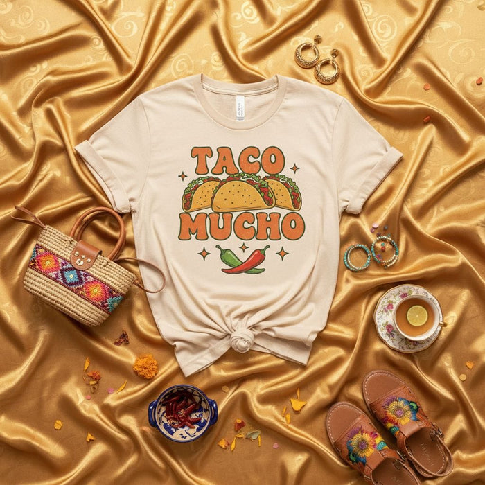 Taco Mucho Shirt, Retro 70s Groovy Tacos Chili Pepper T-Shirt, Funny Cinco de Mayo Fiesta Foodie Unisex Graphic Tee, Aesthetic Mexican Food Lover Gift Idea Mexicada