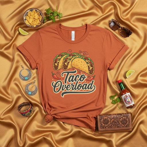 Taco Overload Funny Mexican Food Shirt Tacos Lover Gift Unisex Graphic Tee Soft Cotton Blend T-Shirt Mexicada