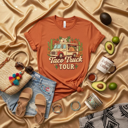 Taco Truck Tour Shirt, Groovy Retro Taco Lover Tee, Vintage Food Truck Graphic T-Shirt, Cute Mexican Street Food Top, Fun Fiesta Gift for Her Him Mexicada