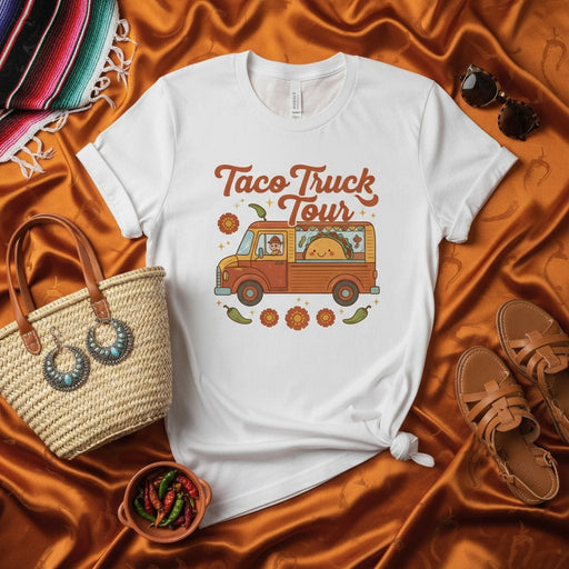 Taco Truck Tour Shirt, Retro Vintage Style Foodie Tee, Cute Smiling Taco Graphic T-Shirt, Summer Vacation Road Trip Apparel, Unisex Culinary Festival Gift for Him or Her Mexicada