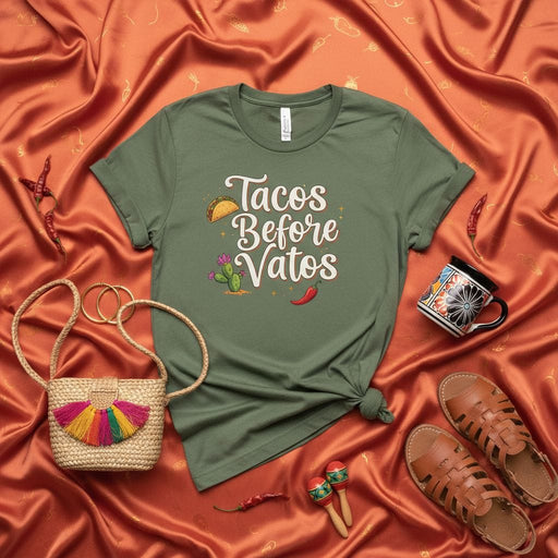 Tacos Before Vatos Shirt, Funny Spanish Quote Tee, Cactus Taco Chili Pepper Graphic Top, Cinco de Mayo Fiesta Humor Gift, Women's Men's Unisex T-shirt Mexicada