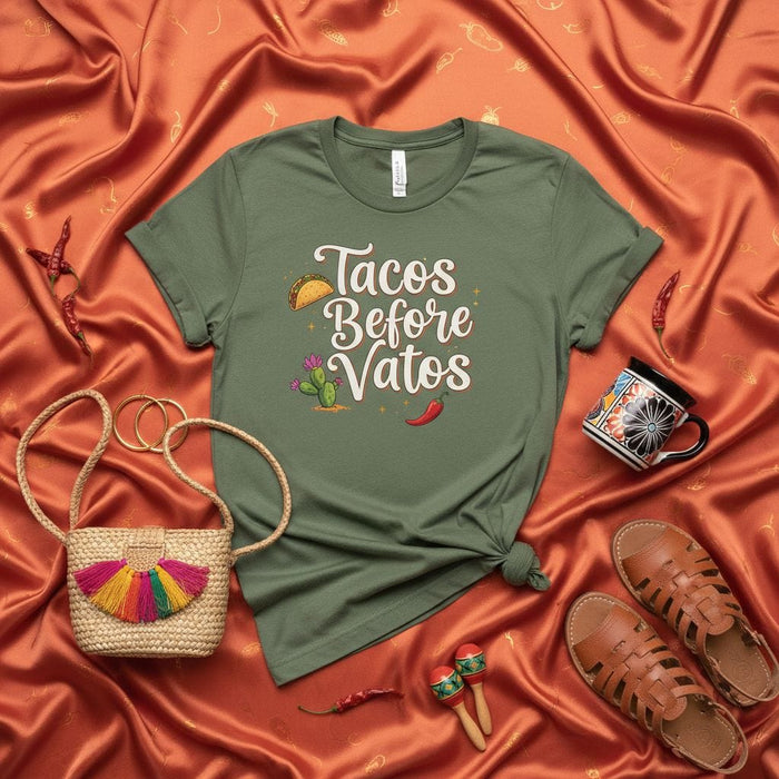 Tacos Before Vatos Shirt, Funny Spanish Quote Tee, Cactus Taco Chili Pepper Graphic Top, Cinco de Mayo Fiesta Humor Gift, Women's Men's Unisex T-shirt Mexicada
