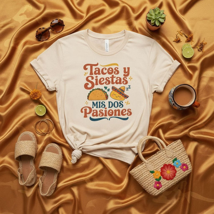 Tacos y Siestas Mis Dos Pasiones Shirt, Funny Mexican Food Lover Tee, Sleeping Sombrero Graphic T-Shirt, Fiesta Nap Lover Gift, Unisex Graphic Apparel Mexicada