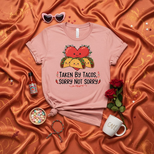 Taken By Tacos Sorry Not Sorry, Funny Valentine's Day T-Shirt, Cute Heart and Tacos Graphic Tee, Food Lover Shirt, Anniversary Gift, Unisex Pink Shirt for Her or Him Mexicada