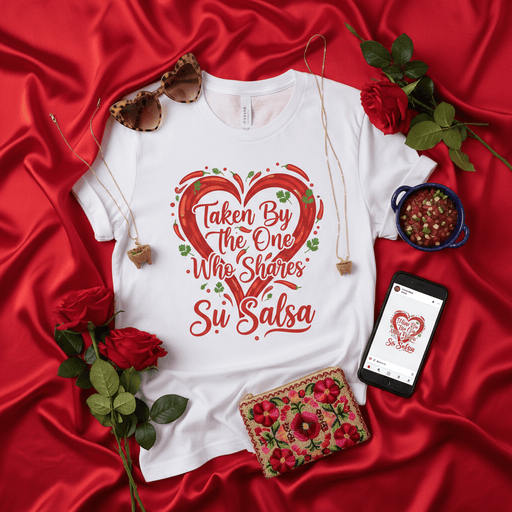 Taken By The One Who Shares Su Salsa T-Shirt, Funny Valentine's Day Gift, Anniversary Present for Him or Her, Spicy Food Lover Shirt, Chili Pepper Heart Design Tee, Couples Shirt, Spanish English Phrase Mexicada