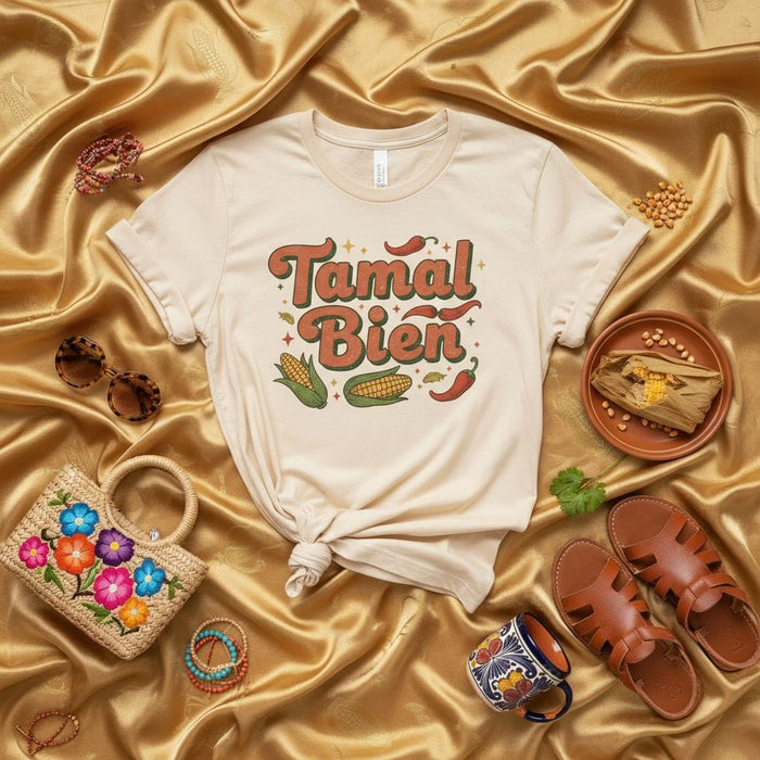 Tamal Bien T-Shirt, Funny Mexican Food Tee, Retro Vibe Corn Tamales Chili Pepper Graphic Shirt, Cute Fiesta Party Top, Spanish Language Gift for Tamale Lovers Mexicada