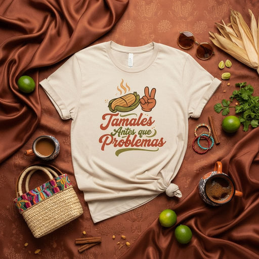 Tamales Antes Que Problemas T-Shirt, Funny Hispanic Food Tee, Peace Sign, Mexican Comfort Food Gift for Tamal Lover, Unisex Fit, Neutral Color, Short Sleeve, Latinx Apparel Mexicada