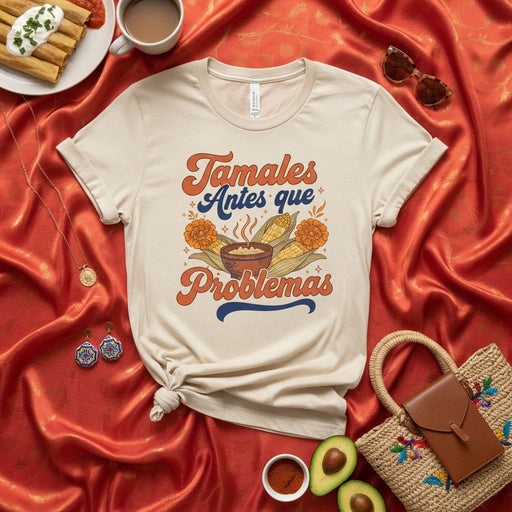 Tamales Antes Que Problemas T-Shirt | Retro Groovy Aesthetic, Tamale Lover Gift, Funny Hispanic Food Shirt, Vintage Style Mexican Corn Graphic Tee, Unisex Soft Tee Top Mexicada
