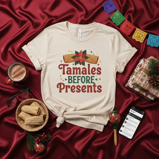 Tamales Before Presents Christmas T-Shirt, Funny Holiday Tamale Shirt, Festive Poinsettia Graphic Tee, Mexican Food Lover Gift, Unisex Xmas Apparel Mexicada