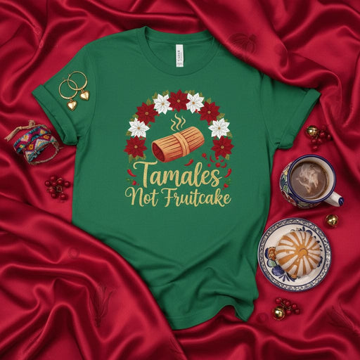 Tamales Not Fruitcake Shirt, Funny Mexican Christmas Holiday Tee, Tamal Poinsettia Wreath T-Shirt Gift for Tamale Lovers and Foodies, Festive Green Unisex Short-Sleeve Top Mexicada