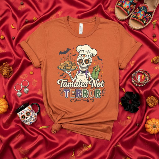 Tamales Not Terror Sugar Skull Chef T-Shirt, Day of the Dead Shirt, Dia de Muertos Cooking Shirt, Funny Halloween Food Lover Unisex Tee, Calavera with Sombrero, Fall Autumn Festive Apparel Mexicada