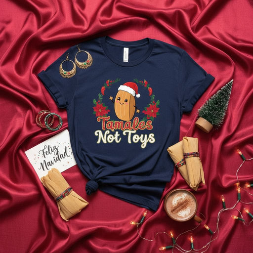 Tamales Not Toys Funny Christmas Shirt, Holiday Tamale Gift Tee, Feliz Navidad Festive Foodie Humor T-Shirt for Men Women, Xmas Family Matching Apparel, Cute Santa Hat Cartoon Tamal, Poinsettia Wreath Design Mexicada