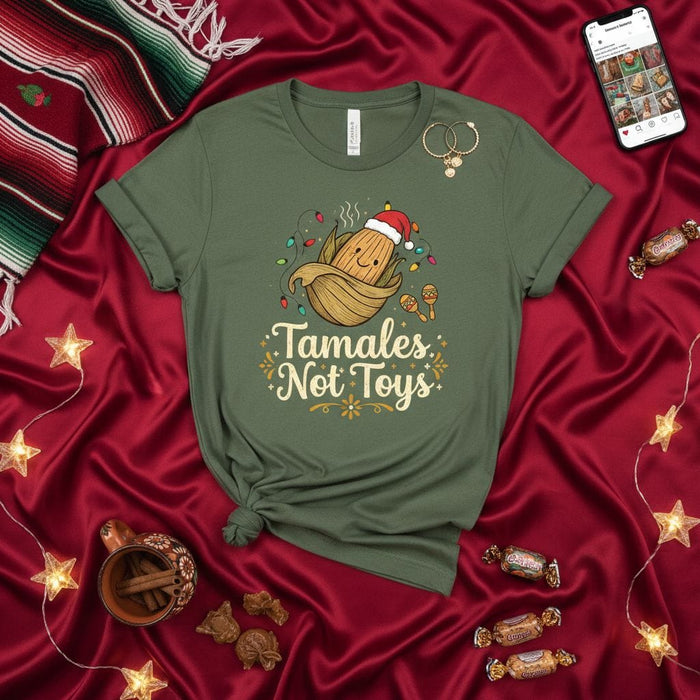 Tamales Not Toys Shirt, Funny Christmas Tamale T-Shirt, Mexican Food Holiday Tee, Cute Corn Husk Drawing with Santa Hat, Unisex X-Mas Gift for Tamale Lovers and Foodies Mexicada