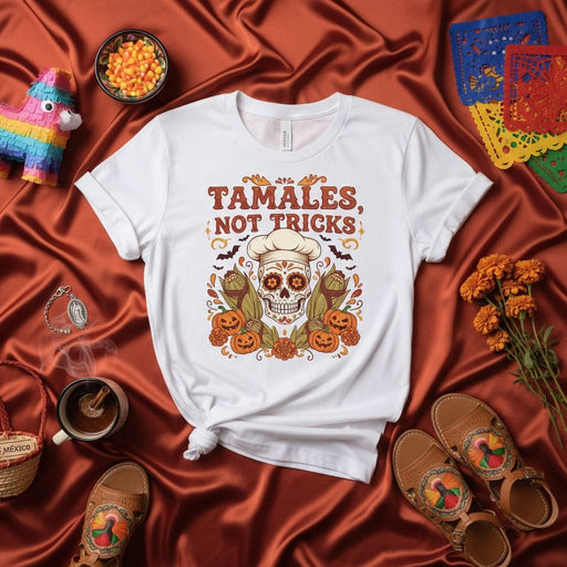 Tamales, Not Tricks Day of the Dead Sugar Skull Chef Halloween T-Shirt | Funny Dia de Muertos Pumpkin Corn Bats Graphic Tee | Unisex Mexican Food Holiday Shirt Mexicada