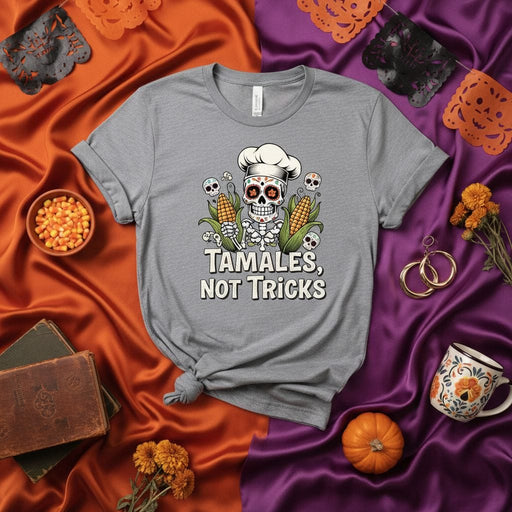 Tamales, Not Tricks Day of the Dead Sugar Skull Chef T-Shirt with Corn, Calavera Cooking Shirt for Halloween and Dia de Muertos, Unisex Adult Tee Mexicada