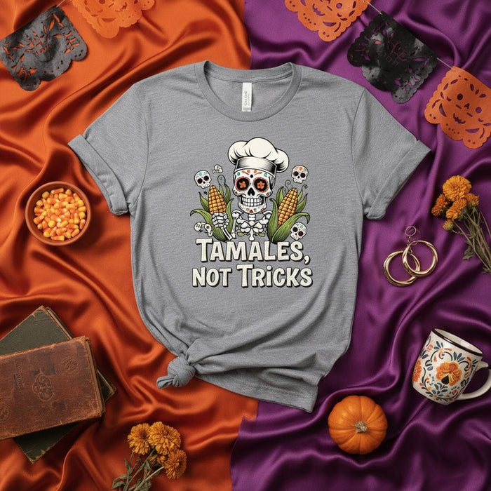 Tamales, Not Tricks Day of the Dead Sugar Skull Chef T-Shirt with Corn, Calavera Cooking Shirt for Halloween and Dia de Muertos, Unisex Adult Tee Mexicada