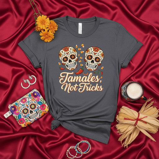 Tamales Not Tricks Day of the Dead Sugar Skulls Halloween Shirt, Funny Calavera Tamale Lover Gift, Dia de Muertos Fall Holiday Unisex Tee Mexicada