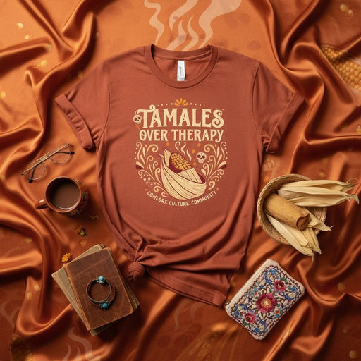 Tamales Over Therapy T-Shirt, Comfort Culture Community, Hispanic Foodie Apparel, Mexican Heritage Corn Husk Graphic Tee, Unisex Brown Culinary Statement Shirt Mexicada