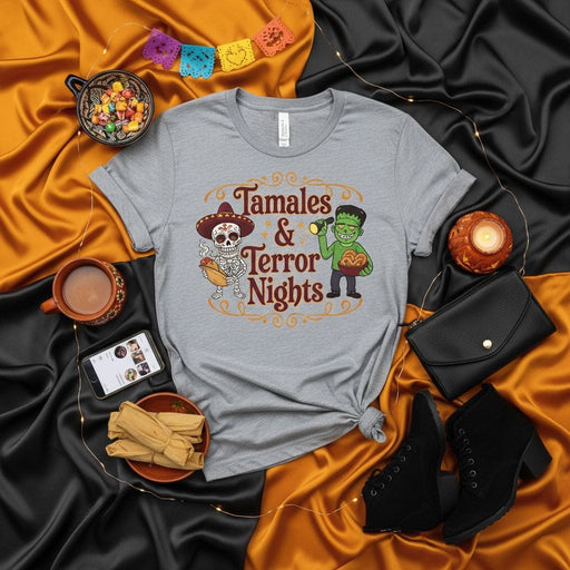 Tamales & Terror Nights Shirt, Funny Halloween Skeleton Tamale and Frankenstein Costume Tee, Spooky Season Fiesta Graphic T-Shirt, Unisex Gift for Horror Fans Mexicada