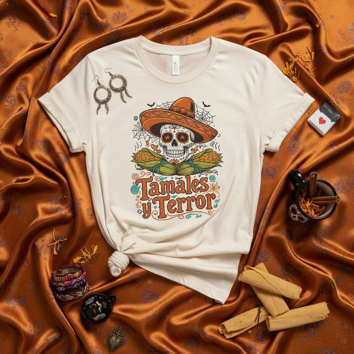 Tamales y Terror Day of the Dead Sugar Skull Sombrero T-Shirt, Halloween Dia de Muertos Spooky Corn Tamale Festival Unisex Tee Shirt Mexicada