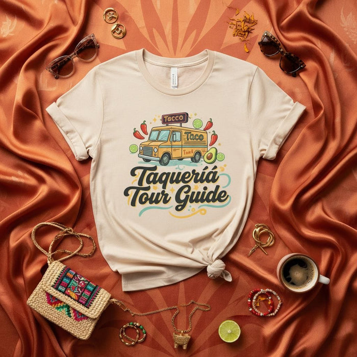 Taquería Tour Guide Taco Food Truck T-Shirt, Funny Graphic Tee for Taco Lovers and Mexican Food Enthusiasts, Unisex Street Food Design Shirt Mexicada