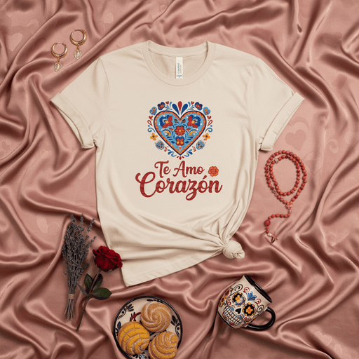 Te Amo Corazón Mexican Floral Heart T-Shirt, Día de Muertos Sugar Skull Mug and Conchas Photo, Valentine's Day Love Gift, Unisex Fit Tee Shirt Mexicada