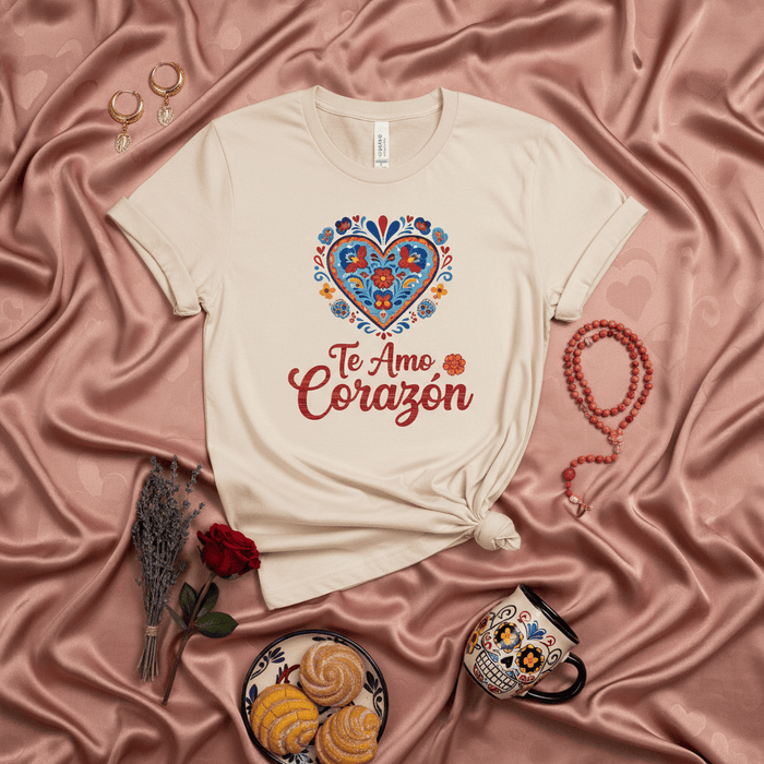 Te Amo Corazón Mexican Floral Heart T-Shirt, Día de Muertos Sugar Skull Mug and Conchas Photo, Valentine's Day Love Gift, Unisex Fit Tee Shirt Mexicada