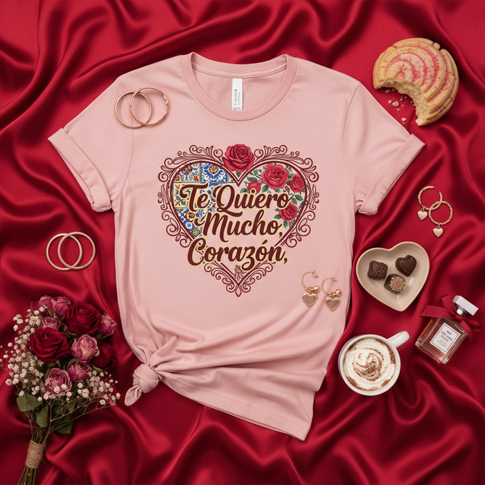 Te Quiero Mucho Corazón T-Shirt, Spanish Love Shirt, Valentines Day Gift, Mexican Talavera Tile Heart Design, Dia del Amor y la Amistad Tee, Romantic Hispanic Apparel Mexicada