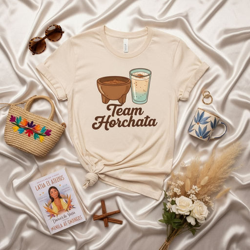 Team Horchata T-Shirt, Mexican Drink Graphic Tee, Unisex Horchata Lover Shirt, Fun Horchata Bowl and Glass Design, Spanish and English Text Shirt, Foodie Gift for Her, Beige Tee, Aesthetic Lifestyle Apparel Mexicada