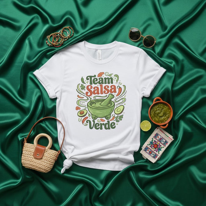 Team Salsa Verde Shirt, Mexican Food Lover T-Shirt, Cinco de Mayo Graphic Tee, Funny Cooking Gift for Men and Women, Unisex Avocado Molcajete Design Mexicada
