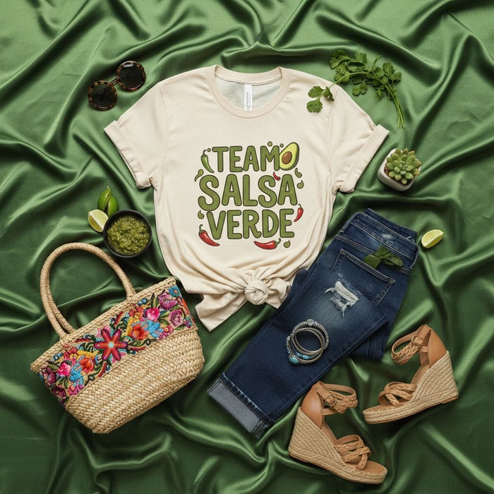 Team Salsa Verde T-Shirt, Mexican Food Lover Shirt, Funny Taco Night Tee, Avocado Chili Pepper Graphic, Unisex Cinco de Mayo Fiesta Top, Distressed Denim Jeans Outfit, Floral Embroidered Straw Bag Look Mexicada