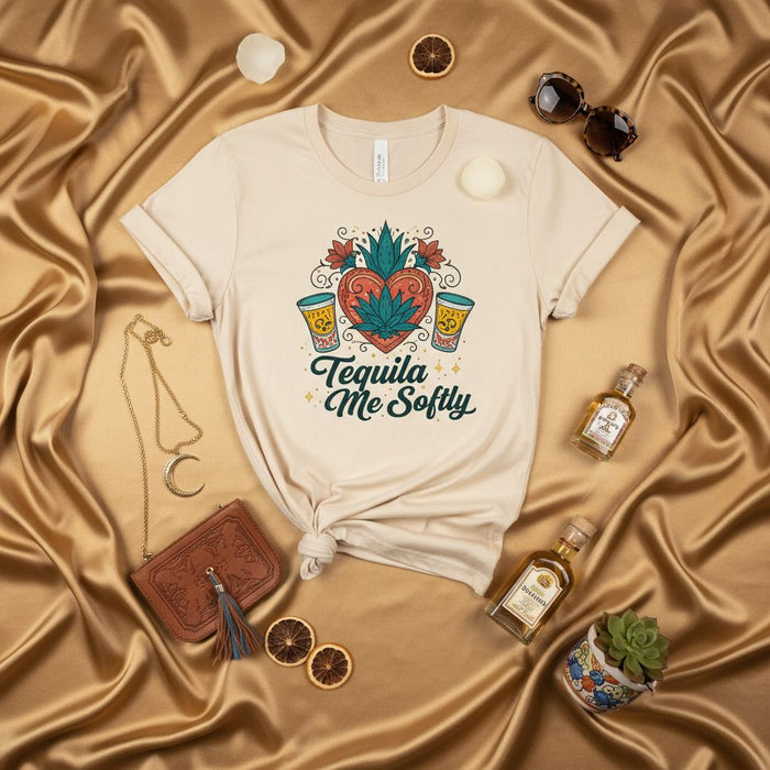 Tequila Me Softly T-Shirt, Agave Heart, Two Shot Glasses, Funny Cinco de Mayo, Mexican Fiesta Party Tee, Liquor Drinking, Unisex Graphic Shirt, Retro Boho Style Mexicada