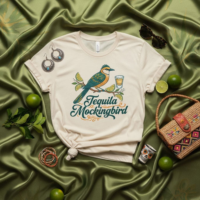 Tequila Mockingbird Shirt with Bird Drinking a Shot and Limes, Unisex Graphic Tee, Humorous Alcohol Pun T-Shirt, Cocktail Lover Gift, Nature Inspired Design Apparel Mexicada