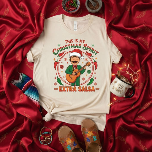 This Is My Christmas Spirit Extra Salsa Mexican Fiesta T-Shirt, Feliz Navidad Mariachi Guitar Player Graphic Tee, Funny Holiday Spice Chili Pepper Shirt for Men and Women Mexicada