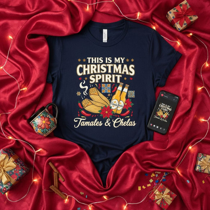 This is My Christmas Spirit Tamales & Chelas Shirt - Funny Holiday Food & Beer Unisex T-Shirt with Tamales, Chelada Bottles, and Poinsettia Graphic Mexicada