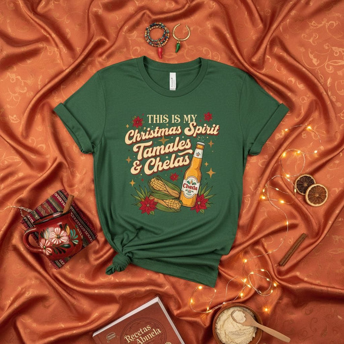 This Is My Christmas Spirit Tamales & Chelas Shirt, Funny Mexican Christmas Tamal Beer T-shirt, Fiesta Navideña Family Party Tee, Latina Latino Holiday Gift, Unisex Adult T-Shirt Mexicada