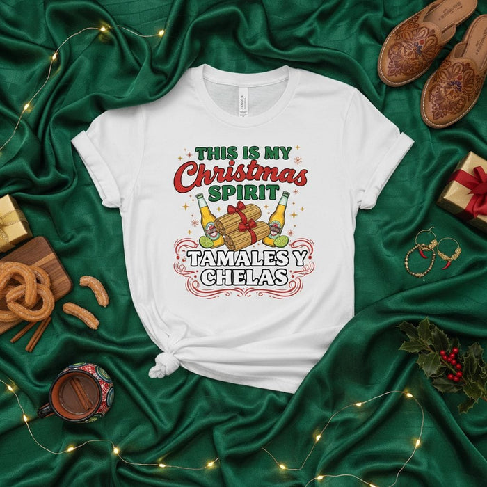 This is My Christmas Spirit Tamales Y Chelas Shirt, Funny Mexican Christmas T-Shirt, Latinx Holiday Food Tee, Tamale and Beer Xmas Gift, Festive Family Party Apparel Mexicada