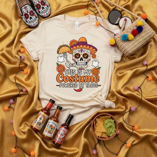 This Is My Costume Powered By Tacos Day of the Dead Sugar Skull Halloween T-Shirt Funny Cinco de Mayo Fiesta Mexican Food Tee Unisex Graphic Shirt Mexicada