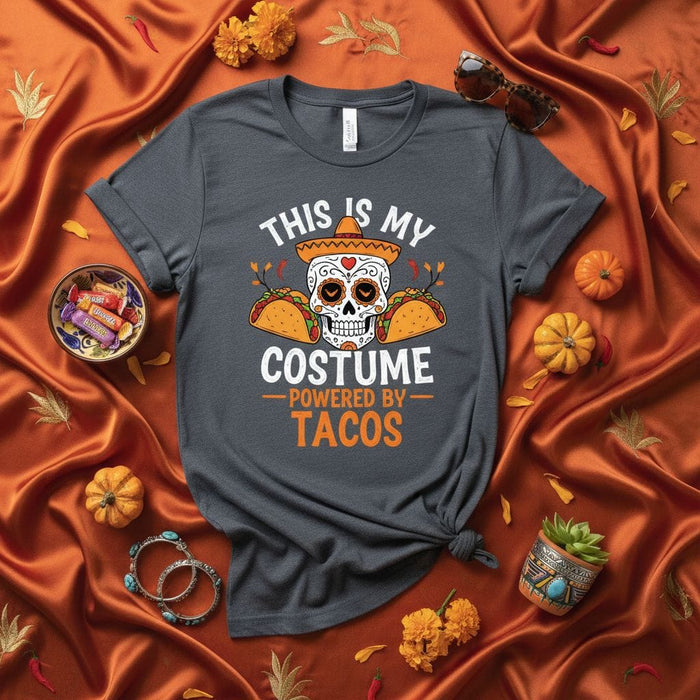 This Is My Costume Powered By Tacos Day of the Dead Sugar Skull Halloween T-Shirt Funny Cinco de Mayo Graphic Tee Unisex Dia de Muertos Mexican Food Lover Shirt Gift Mexicada