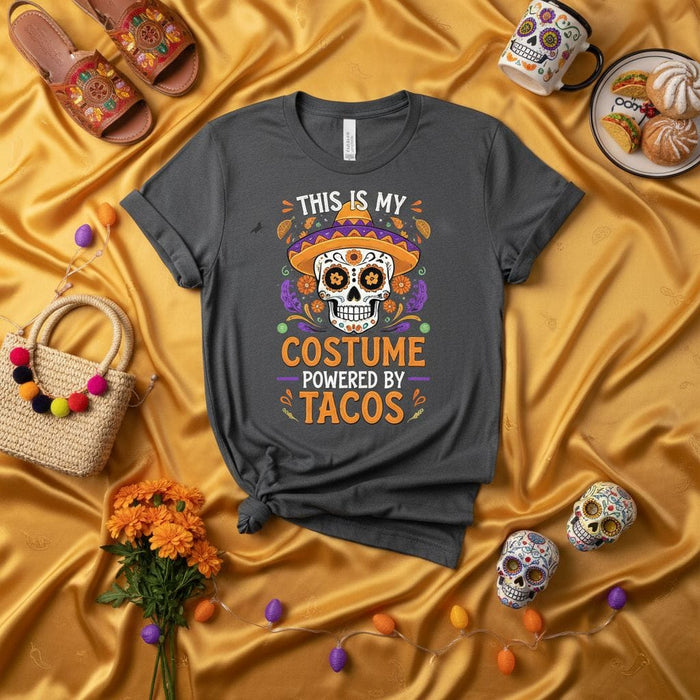 This Is My Costume Powered By Tacos Sugar Skull Day of the Dead Shirt Unisex Graphic Tee, Calavera Mexican Fiesta Halloween Holiday Outfit, Dia De Muertos Party Gift Mexicada
